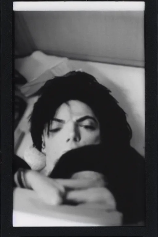 Image similar to polaroid still of pale sleeping michael jackson inside a coffin, portrait, 4k