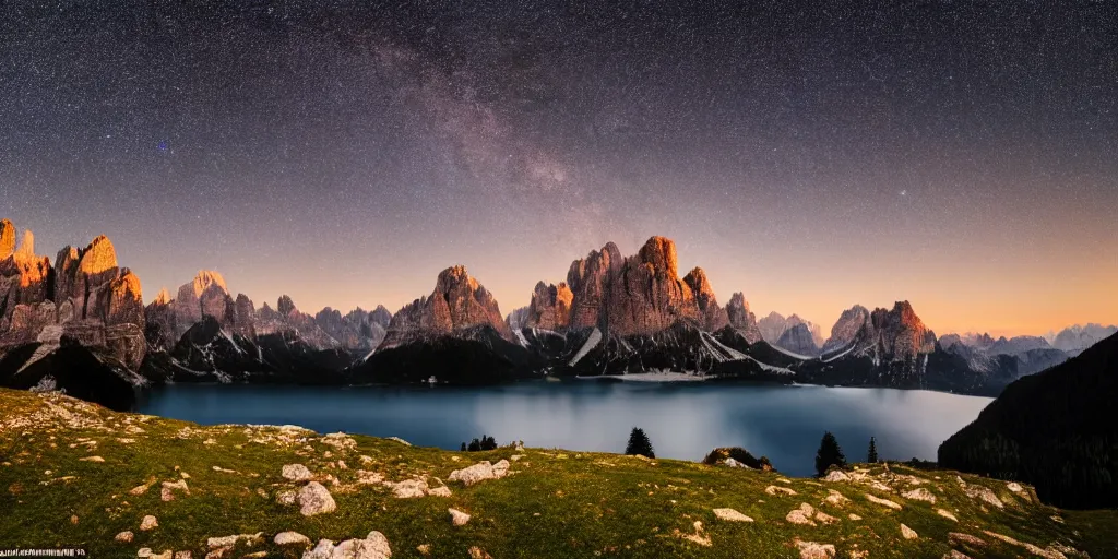 Prompt: extremely beautiful alpine scenery at night with milkyway, dolomites, calm lake in foreground, intricate details