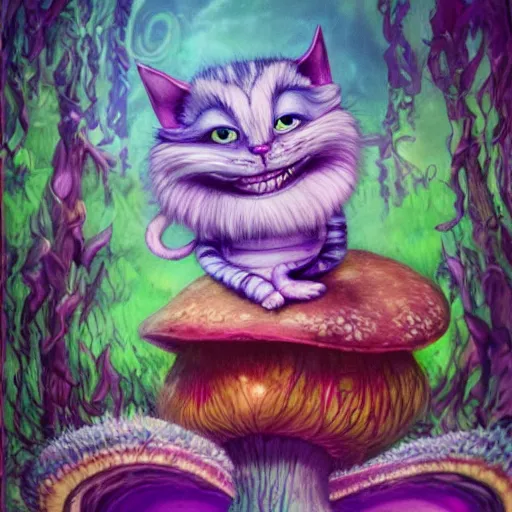 Image similar to the cheshire cat from alice in wonderland sitting on a giant mushroom by anna dittmann, highly detailed, bright tones