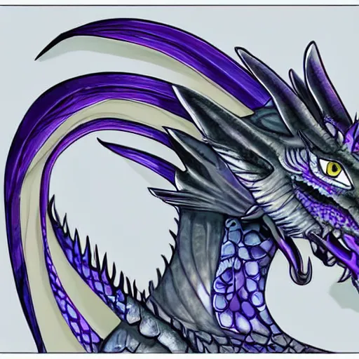 Image similar to a 128 foot tall elegant female silver western dragon with purple accents, having a 360 foot long wingspan; The scales smooth and streamlined, while having a sleek and sharp crest; two eyes bright blue; the snout sharp and pointed, yet sleek and elegant; close-up bust; deviantart, furaffinity