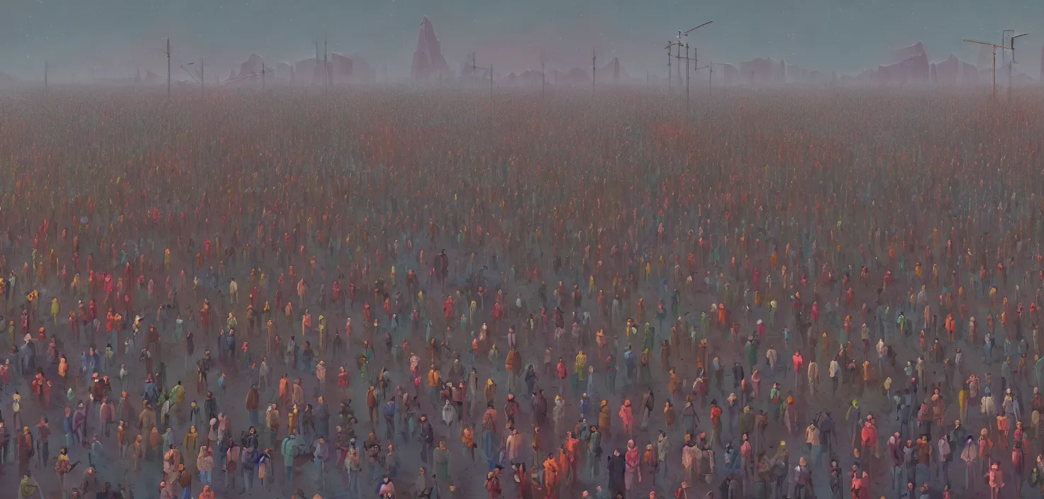 Image similar to an intricate matte painting of crowd of people by simon stalenhag, trending on artstation