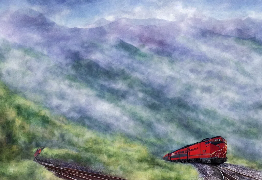 Image similar to a digital painting of a train in the mountains and there is fog in the distance aproaching