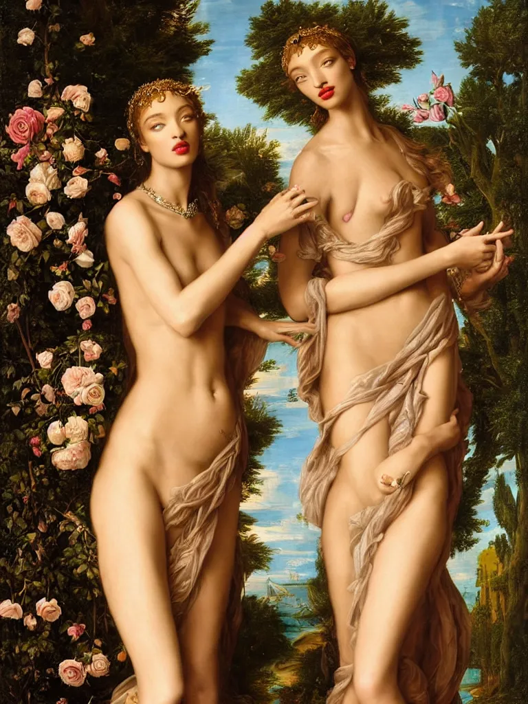 Image similar to regal portrait of jourdan dunn as aphrodite, goddess of love : : the birth of venus : : background of roses, myrtle, doves : : rococo, academicism