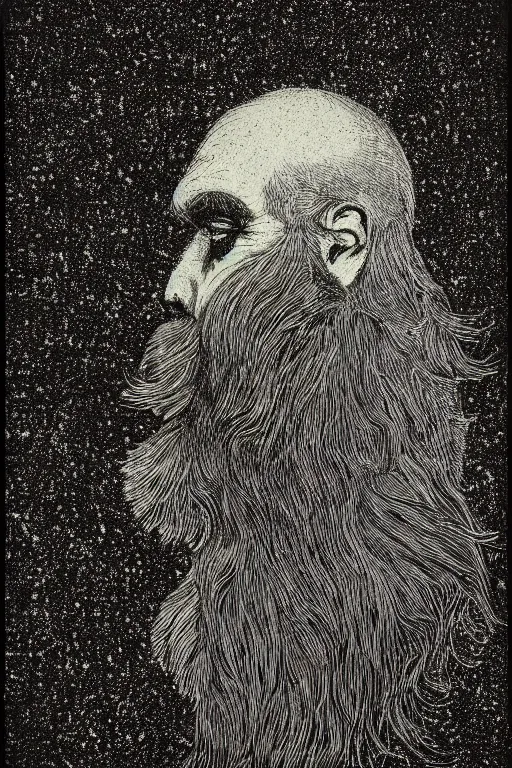 Image similar to a man's face in profile, long beard, made of the cosmos, in the style of the Dutch masters and Gregory crewdson, dark and moody