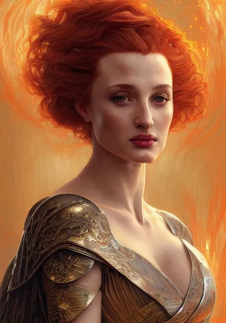 Prompt: sansa angeline jolie gessica chastain mummy fire goddess of war, intricate, elegant, highly detailed, digital painting, artstation, concept art, smooth, sharp focus, illustration, art by artgerm and greg rutkowski and alphonse mucha and william - adolphe bouguereau