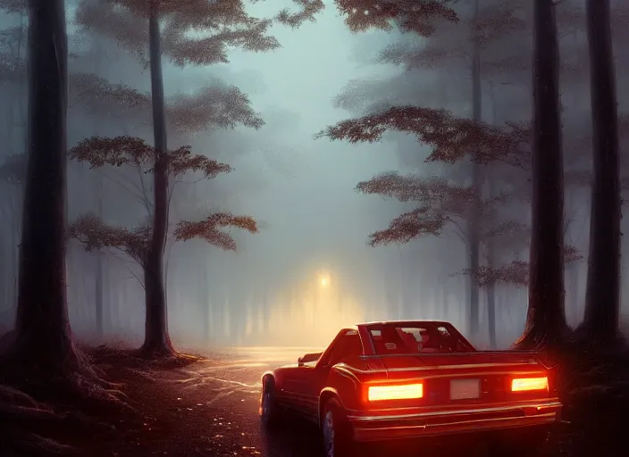 Image similar to detailed intricate digital illustration by greg rutkowski and artgerm and wlop and sanford robinson gifford ; 1 9 8 8 vehicle, glowing headlights, foggy forest in background ; 1 3 mm film, close up head on arri alfa anamorphic lens ; sharp focus, soft evening lighting, trending on artstation 4 k