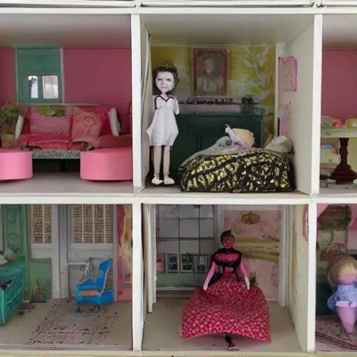 Prompt: liminal space of a doll house, found footage, backrooms, spooky