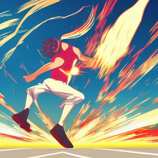 Image similar to man hitting the ground creating a explosion, anime, album cover, musical notes