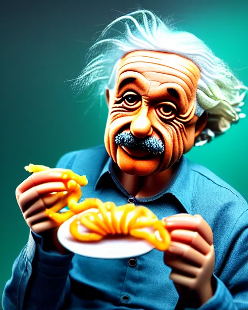 Image similar to A photo of Albert Einstein eating jalebi, highly detailed, trending on artstation, bokeh, 90mm, f/1.4