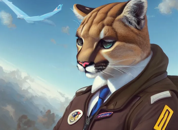 Image similar to character portrait feature of the anthro female anthropomorphic puma bobcat mountain lion fursona wearing airline pilot outfit uniform professional pilot for delta airlines character design stylized by charlie bowater, ross tran, artgerm, and makoto shinkai, detailed, soft lighting, rendered in octane