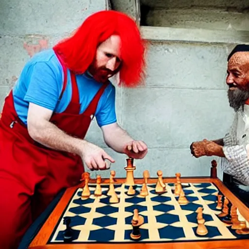 Image similar to a beautiful man wearing a red wig playing chess with an older janitor. baroque. high quality artgem trending fantastic exquisite