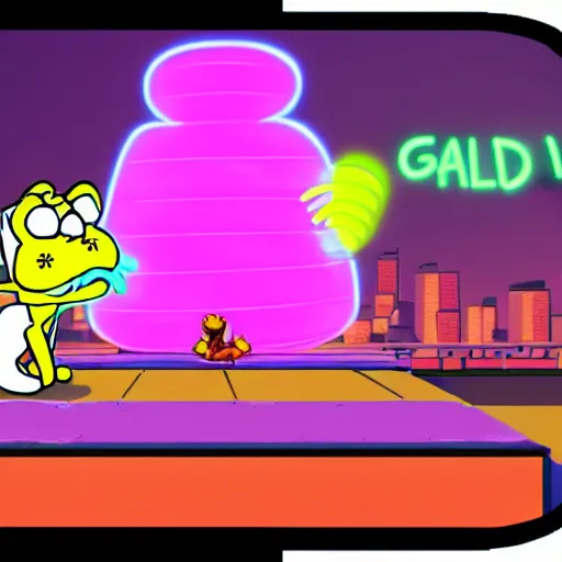 Prompt: neon white video game, garfield as mikey from neon white, screenshot