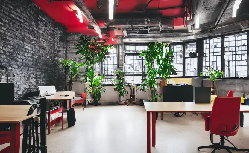 Image similar to maximalist interior of an office, pine wood, cyberpunk, japanese neon signs, retro futuristic, old brick walls, multiple desks, cupboards, rough wood, grey, anthracite, red, akihabara style, swedish style, green plants, window with a view of apartment blocks, 8K
