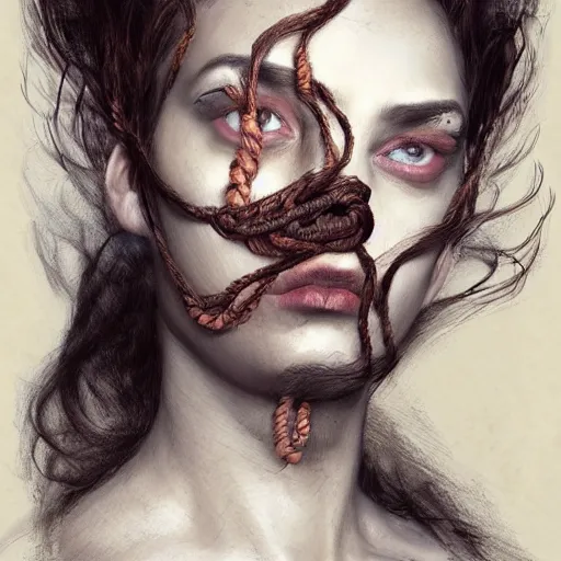 Image similar to portrait of a Shibari rope wrapped face and neck, headshot, insanely nice professional hair style, dramatic hair color, smoke, digital painting, of a old 13th century, traveler, amber jewels, baroque, ornate clothing, scifi, realistic, hyperdetailed, chiaroscuro, concept art, art by Franz Hals and Jon Foster and Ayami Kojima and Amano and Karol Bak,