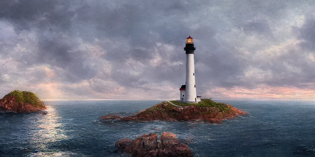 Prompt: Portrait of a lighthouse on an island by the sea, highly detailed, cinematic lighting, digital art, painting by aivasovsky