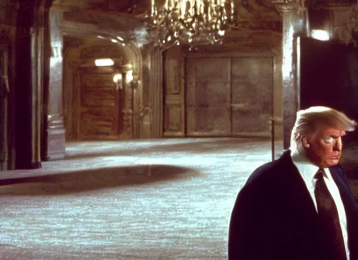 Image similar to screenshot from moody scene of Donald Trump in a lair, scene from the film Batman and Rob 1997 film directed by Joel Shoemacher, kodak film stock, anamorphic lens, 4K, detailed set design, stunning cinematography