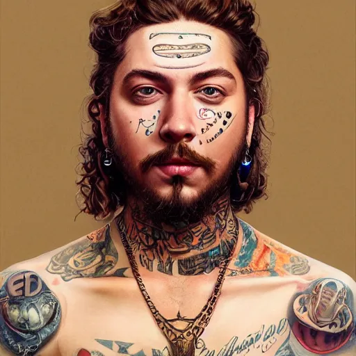 Prompt: epic portrait of post malone with face tattoos, detailed, digital painting, artstation, concept art, donato giancola, joseph christian leyendecker, wlop, boris vallejo, breathtaking, high details, extremely detailed, establishing shot, artistic, hyper realistic, octane render