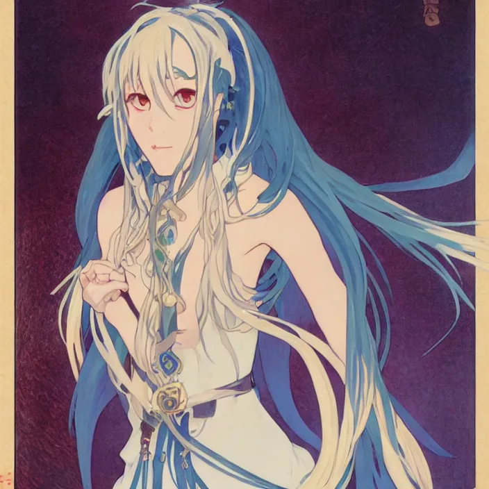 Image similar to portrait of rimuru tempest from'that time i got reincarnated as a slime '. art by alphonse mucha and greg rutkowski