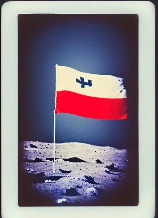 Image similar to polaroid of moonlanding in 1 9 5 0's finland flag on the moon, aesthetic, fine art, intricate, elegant, highly detailed, centered, phograph, art station, conceptual art, soft, sharp focus,