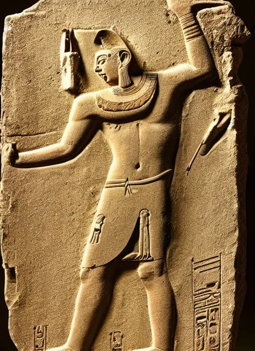 Prompt: a very very very worn out ancient egyptian relief of a man shooting a bolt action rifle, award winning photo