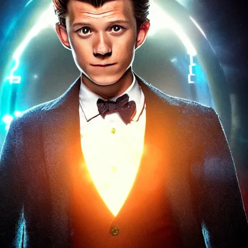 Image similar to tom holland with a beard in a dark blue trenchcoat with an orange bowtie as the new doctor who, cinematic, volumetric lighting, f 8 aperture, cinematic eastman 5 3 8 4 film, photorealistic