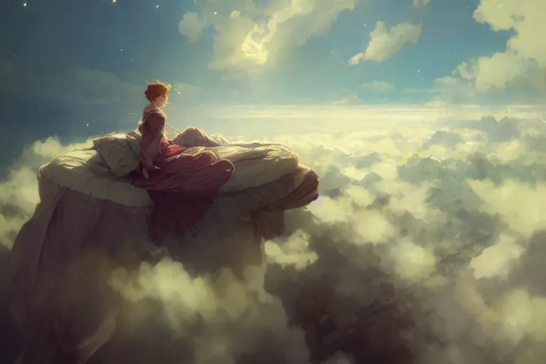 Image similar to a bed above the clouds and the stars, pastel sky, intricate, cinematic lighting, highly detailed, digital painting, artstation, concept art, smooth, sharp focus, illustration, art by Akihiko Yoshida, Greg Rutkowski and Alphonse Mucha