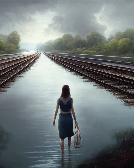 Image similar to submerged train tracks, reflective water, wide horison, girl walking and carrying shoes, train station in the distance, large white clouds, intricate, elegant, highly detailed, digital painting, artstation, concept art, smooth, sharp focus, illustration, art by artgerm and greg rutkowski and fra angelico