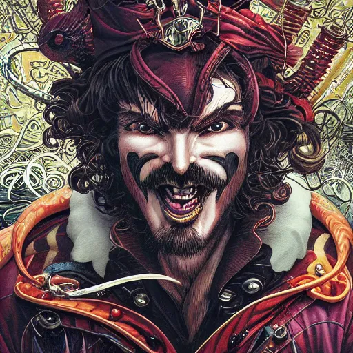 Image similar to portrait closeup of crazy captain hook, symmetrical, hyper detailed, by yoichi hatakenaka, masamune shirow, josan gonzales and dan mumford, ayami kojima, takato yamamoto, barclay shaw, karol bak, yukito kishiro