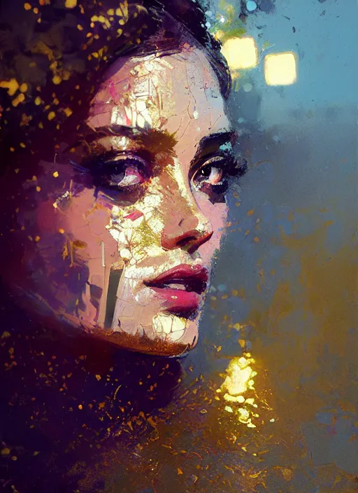 Prompt: outdoor portrait of a beautiful girl, shades of gold, beautiful face, rule of thirds, intricate outfit, spotlight, by greg rutkowski, by jeremy mann, by francoise nielly, digital painting