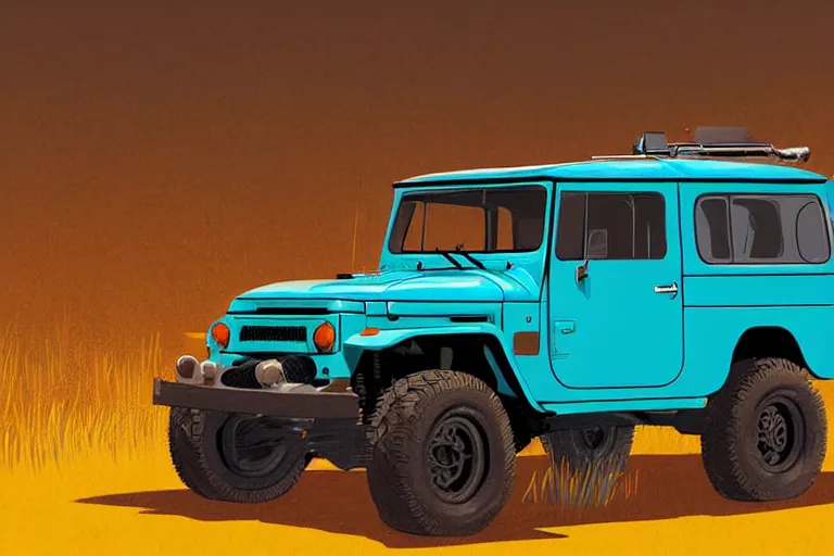 Image similar to digital illustration of a faded cyan mad max's fj 4 0 decrepit!!!! pursuit special, rusty!!! nissan fj cruiser heavily modded 1 9 9 0 s, the last v 8 interceptor by makoto shinkai, ilya kuvshinov, lois van baarle, rossdraws, basquiat