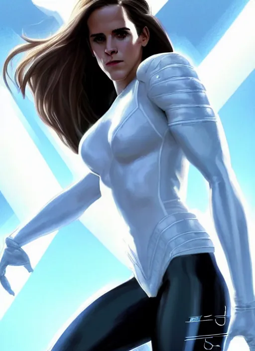 Image similar to full body portrait of marvel cinematic universe emmawatson as aaliyah haughton, x - men, emma frost, elegant, diamonds!! super hero, white outfit, diamond skin, highly detailed!! digital painting, artstation, glamor pose, concept art, sharp focus, illustration, art by artgerm and greg rutkowski, artey freytag