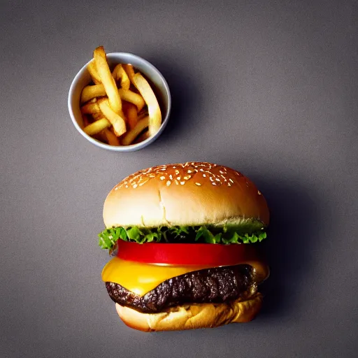 Image similar to the perfect burger, award winning photo, food photography, golden hour, with fries, upside down