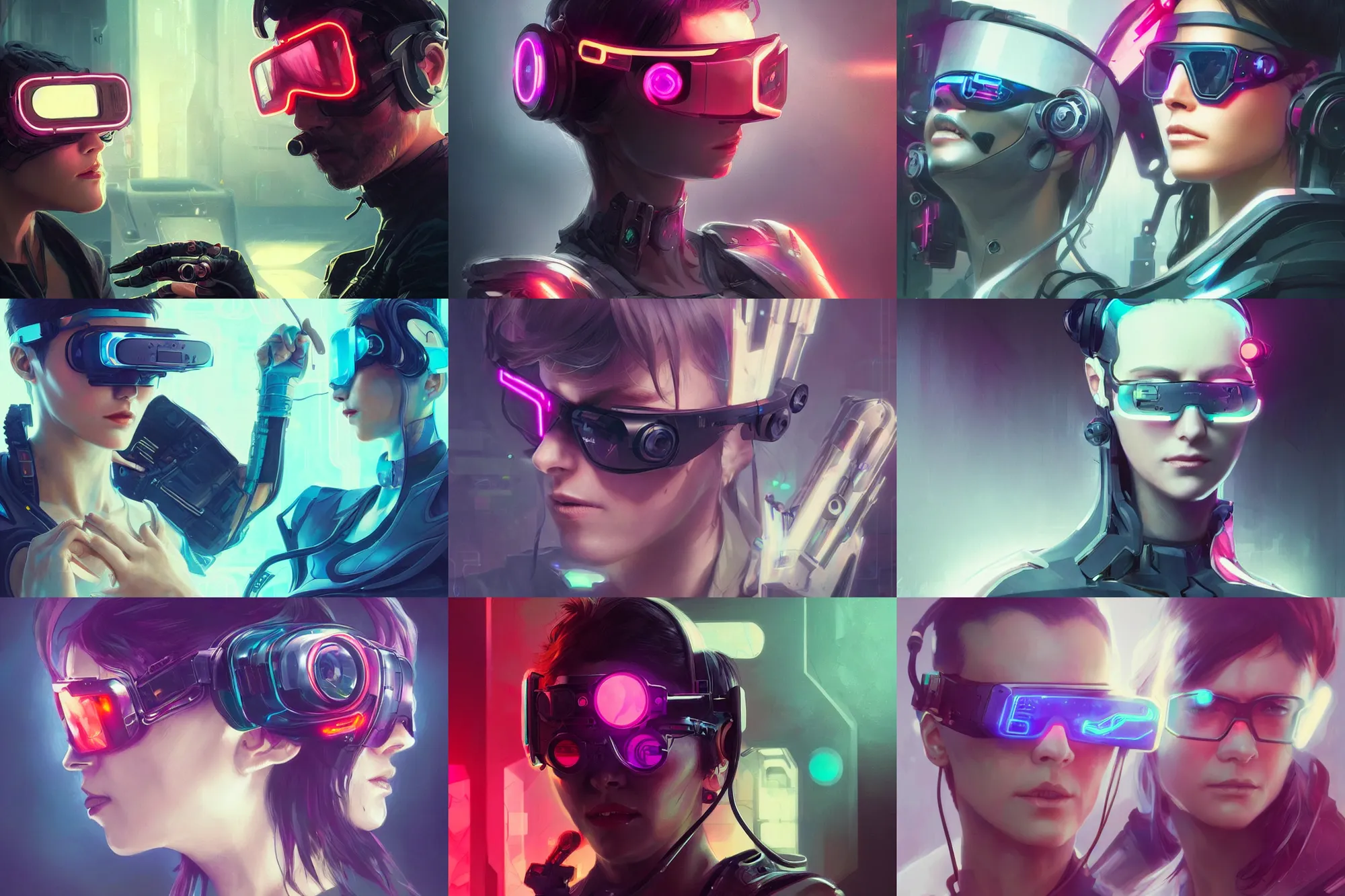 Prompt: cyberpunk concept art of a vr headset like glasses, neon lenses, futuristic thin design, trending on artstation, by artgerm and greg rutkowski and alphonse mucha