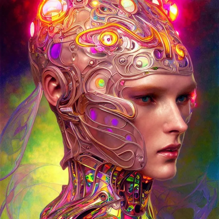 Image similar to bright psychedelic organic cyborg, 4th dimensional, diffuse lighting, fantasy, intricate, elegant, highly detailed, lifelike, photorealistic, digital painting, artstation, illustration, concept art, smooth, sharp focus, art by John Collier and Albert Aublet and Krenz Cushart and Artem Demura and Alphonse Mucha