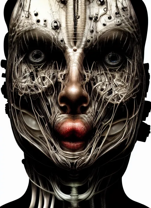 Image similar to portrait of neural nightmares by yoshitaka amano and HR Giger, detailed face face face face, facial structure, hd, 8k, very very very very electronic, biomechanical, biology, bio, neural machine, single subject