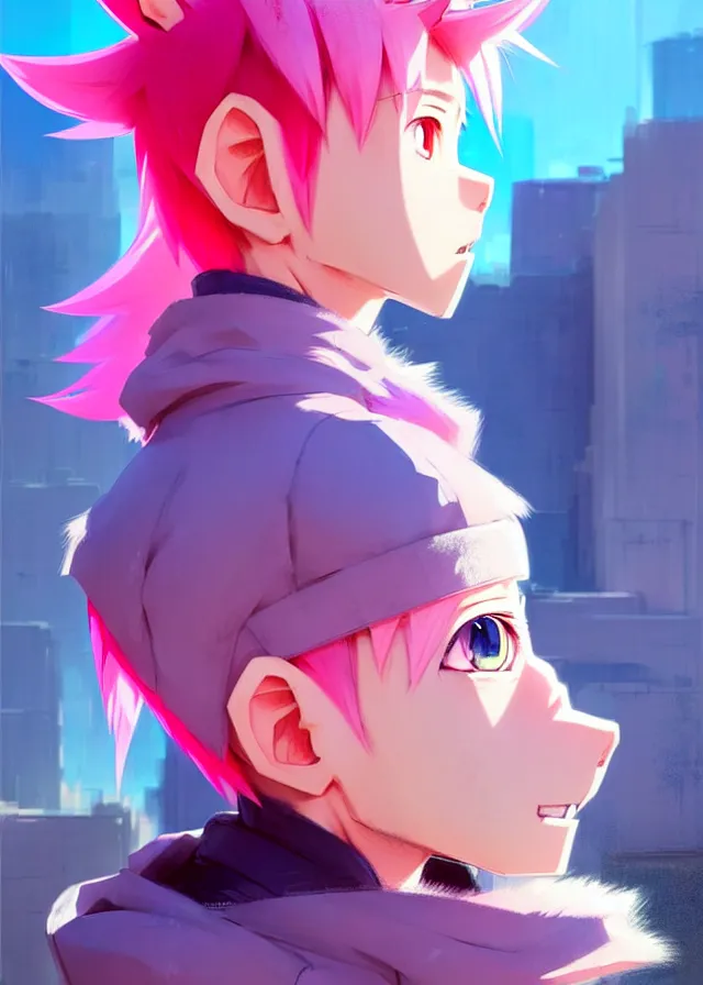 Image similar to portrait of a cute anime boy with pink hair and pink wolf ears and pink wolf tail wearing stylish clothes in a city | | highly detailed digital art painting by ruan jia, cory loftis, jeremy mann. artstation, pinterest, volumetric lighting, subsurface scattering, photorealistic, octane render, random artists