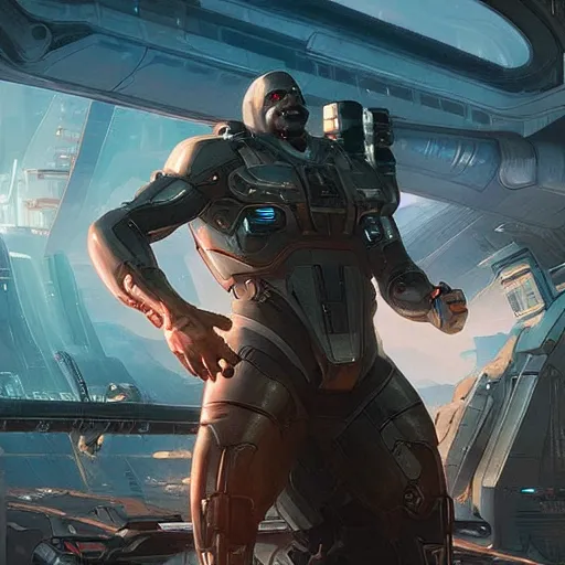 Image similar to Cyber Dwayne Johnson in a Starcitizen loading screen, intricate, dystopian, fantasy, extremely detailed, digital painting, artstation, concept art, smooth, sharp focus, illustration, stark lighting, incredible art by artgerm and greg rutkowski and alphonse mucha and simon stalenhag