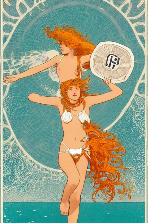 Image similar to A girl in a white lacy bikini and white sun hat and Holding a heart-shaped lifebuoy, jumping for joy,long orange hair floating on air ,Waves and splashes,beach,geometric shapes, hard edges ,Smooth visual lines,,graphic Design by mucha