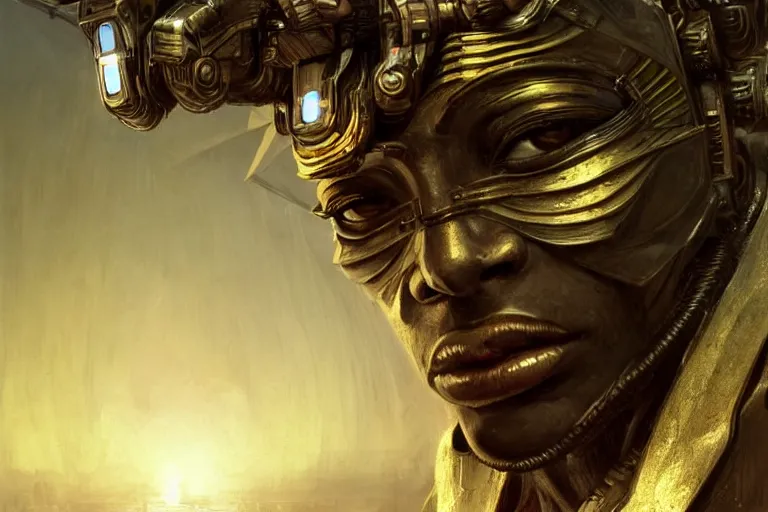 Image similar to A neofuturistic very highly detailed cyborg god with very highly detailed face in the African ghetto bar in a very highly detailed solarpunk sci-fi city digital rational painting art by Greg Rutkowski, sci-fi highly detailed, digital concept art, Dimensional cyan gold natural light, sharp focus, Golden Ratio illustration, realistic concept art by Stephen Hickman and James Gurney and Hiromasa Ogura Ghost in the Shell rendered in Octane Render, From the distance