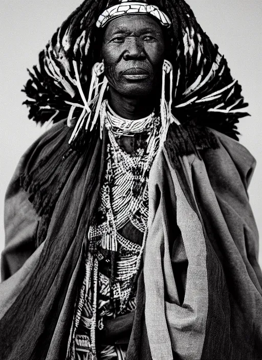 Prompt: analogue photo of an african chief wearing Haori & Hakama, 35mm, f/1.4, black & white, dramatic lighting, national geographic, photographed by Martha Cooper,