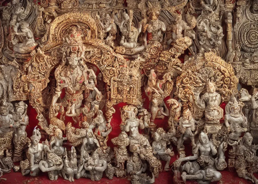 Image similar to blood temple, hindu ornaments, baphomet statue at the center surrounded by angel statues, film still, 4 k, symmetry, award - winning photography, 1 2 0 mm