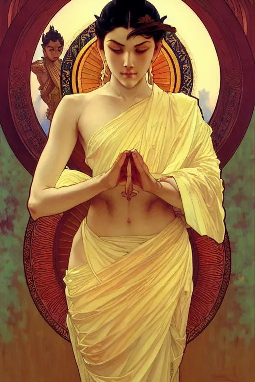 Image similar to buddhism, painting by greg rutkowski, artgerm, j. c. leyendecker, alphonse mucha