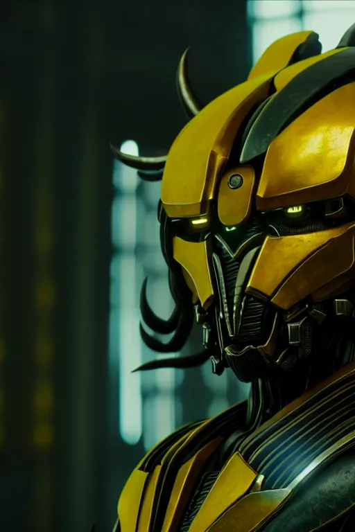 Image similar to a cinematic still from westworld, bumblebee, octane render, nvidia raytracing demo, masterpiece, aged armor plating, aggressive head,