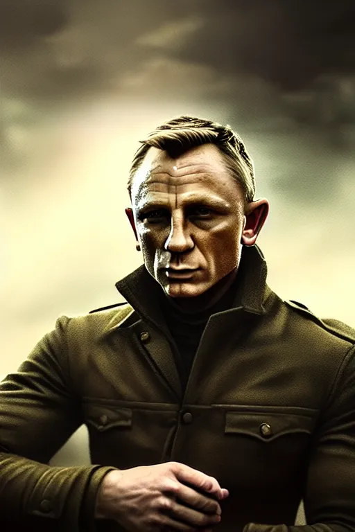 Prompt: cinematic shot of an epic portrait of daniel craig dressed in military clothes, stylised military clothes, shiny skin, beautiful eyes, beautiful, small details, night setting, realistic poster with volumetric light from craig mallism, artgerm, jeremy lipkin and michael garmash, unreal engine, radiant light, digital art, trends at art station, a masterpiece