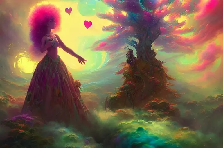 Prompt: a psychedelic realm made entirely out of love and acceptance, astral beings sharing love!!!!, in the style of greg rutkowski! and wlop and lisa frank! and bob ross!!! and ruan jia, illustration, epic, fantasy, hyper detailed, smooth, unreal engine, sharp focus, ray tracing