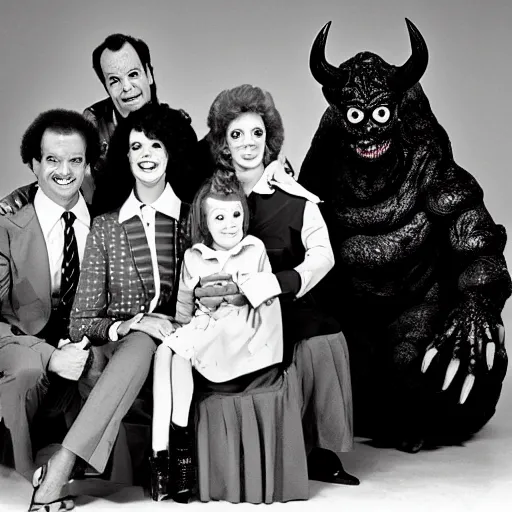 Image similar to vintage 1 9 8 0's sitcom publicity photo, a happy photogenic family and a large giant evil demonic horrifying angry detailed monstrous demon creature inside a 1 9 8 0's sitcom living room