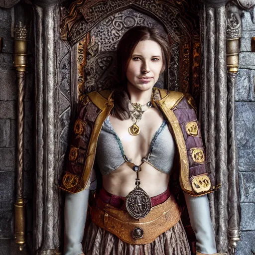 Image similar to the elder scrolls vi, charismatic regal brunette female jarl, portrait, rustic throne room, atmospheric lighting, painted, intricate, volumetric lighting, beautiful, daytime,, slight overcast weather, 4 0 0 0 k, sharp focus, deep colours, ultra detailed, by leesha hannigan, ross tran, thierry doizon, kai carpenter, ignacio fernandez rios