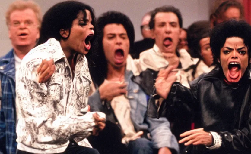 Prompt: Michael Jackson screaming at the Jerry Springer show