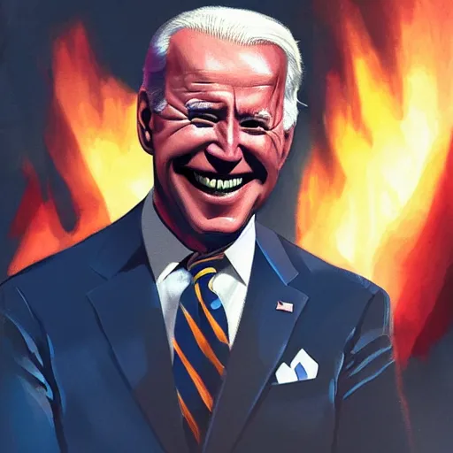 Image similar to joe biden smiling with blood in his face while behind him the world is burning, dramatic lighting, cinematic, establishing shot, extremly high detail, photorealistic, cinematic lighting, artstation, style by James Gurney