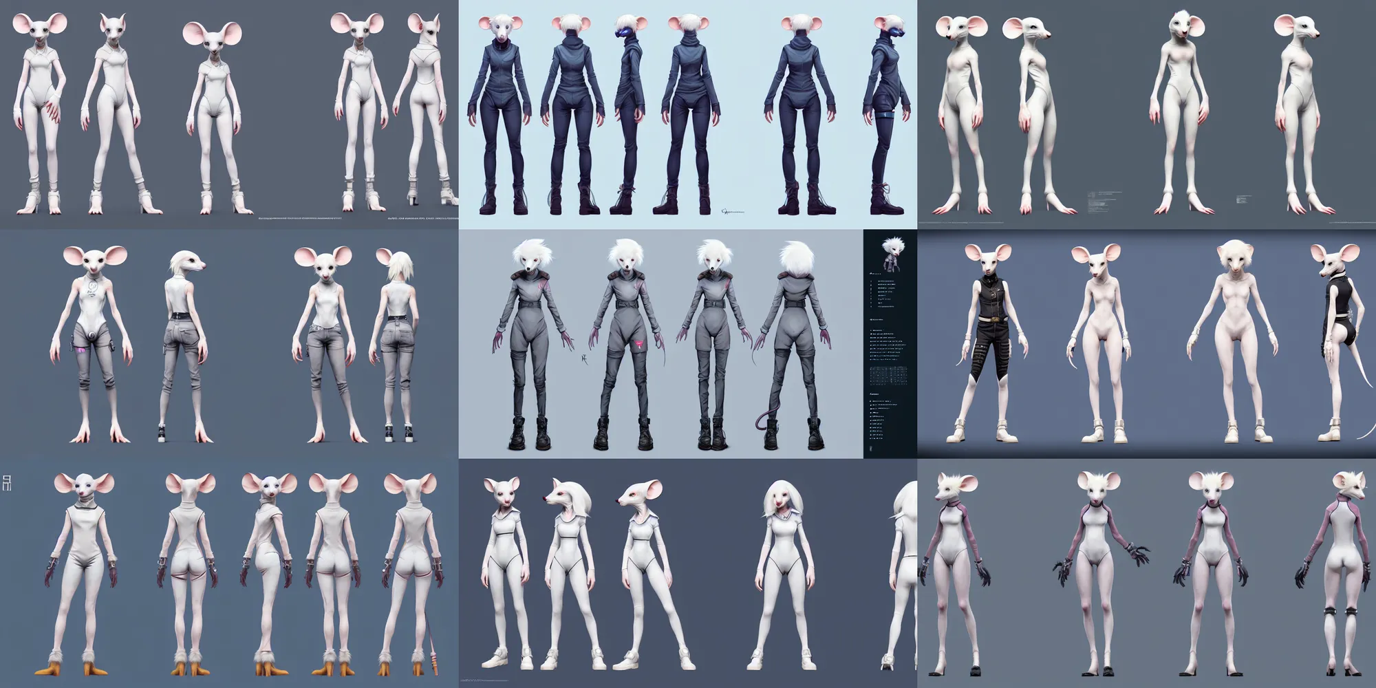 Prompt: character reference sheet of a female anthropomorphic albino mouse fursona wearing cyberpunk clothes. character design by disney, charlie bowater, ross tran, artgerm, and makoto shinkai, detailed, soft lighting, rendered in octane